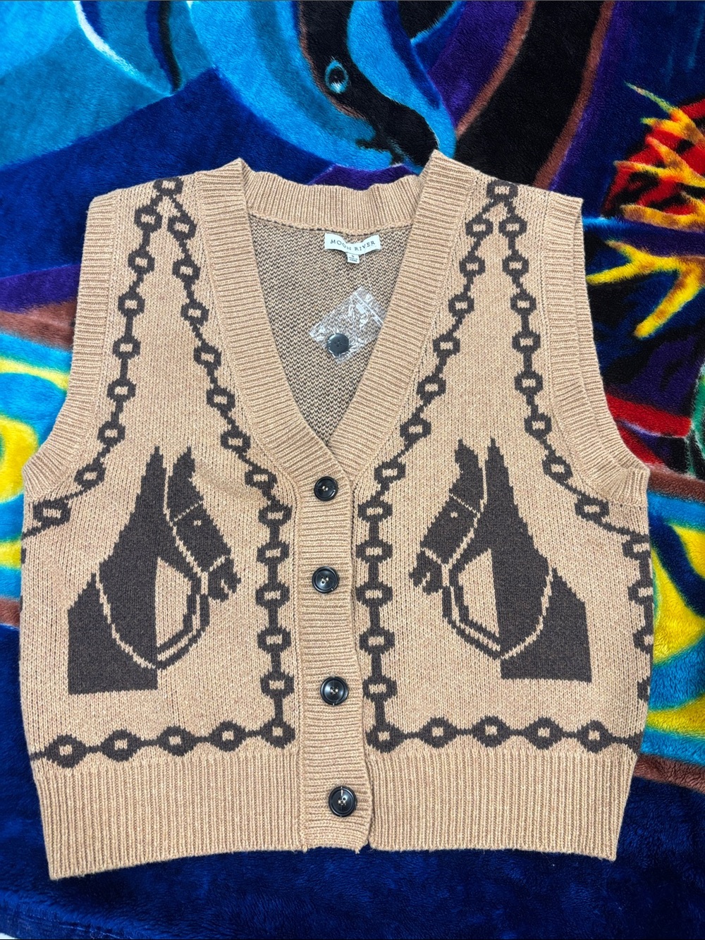 Moon River Tan & Brown Horse Intarsia Cardigan Vest